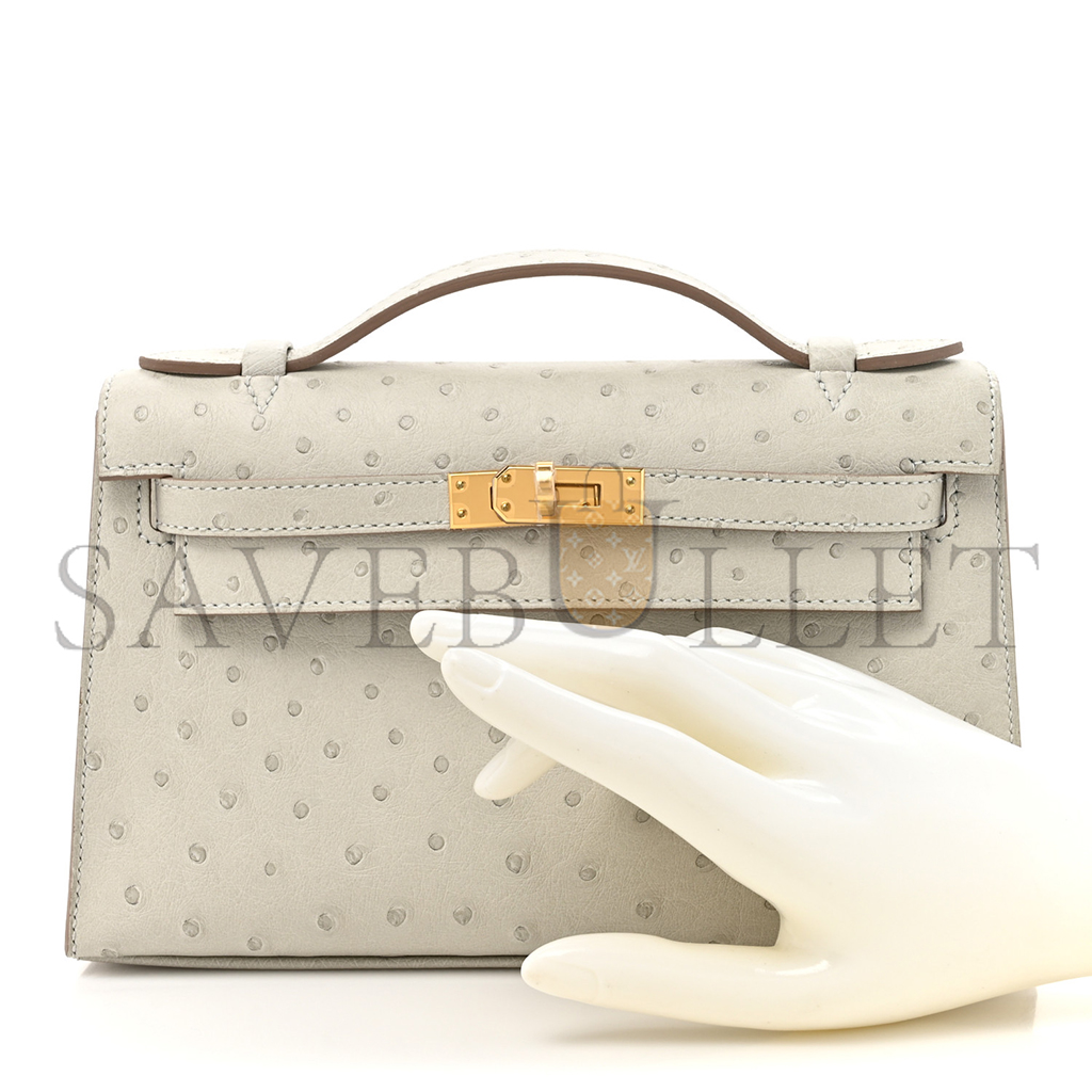 H**mes master ostrich kelly pochette clutch gris perle (22*14*7cm)